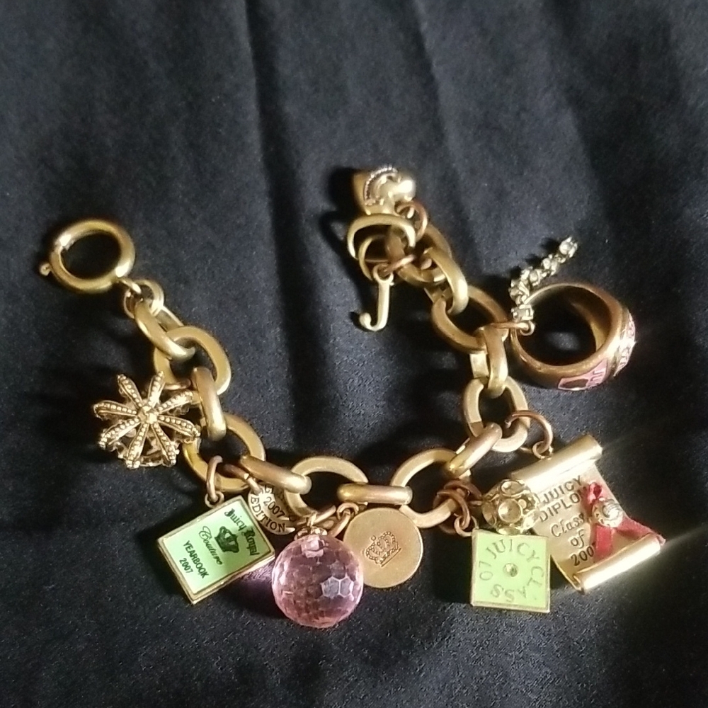 Juicy Couture Gold Charm Bracelet with Pink and Green Accents
